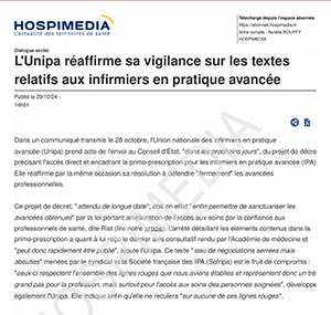 L'Unipa réaffirme sa vigilance sur les textes relatifs aux infirmiers en pratique avancée