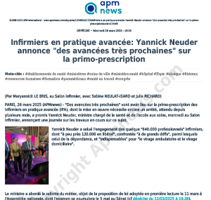 Infirmiers en pratique avancée : Yannick Neuder annonce ``des avancées très prochaines`` sur la primo-prescription